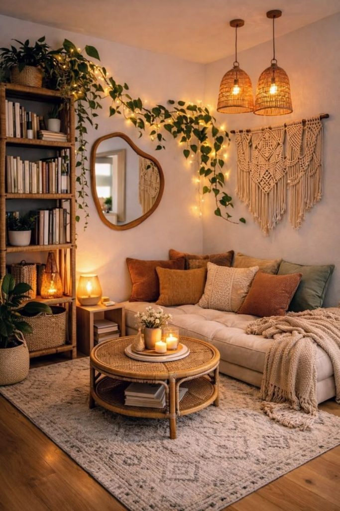 Boho cocoon room with layered textures.