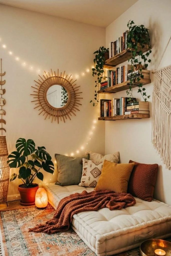 Boho floor cushion book nook.