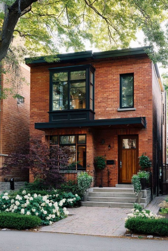 Bold red brick home exterior.