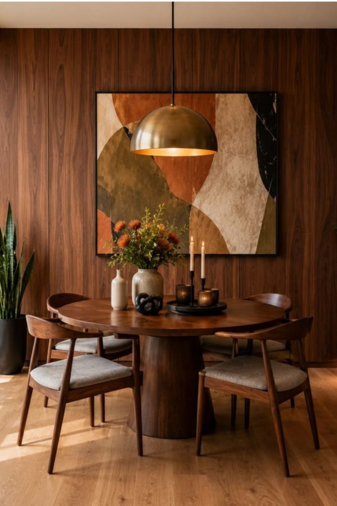 Elegant walnut dining room with brass accents.
