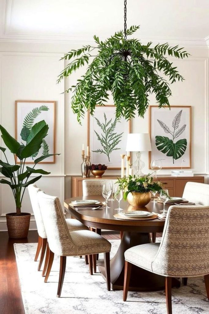 Botanical dining room with lush plants.