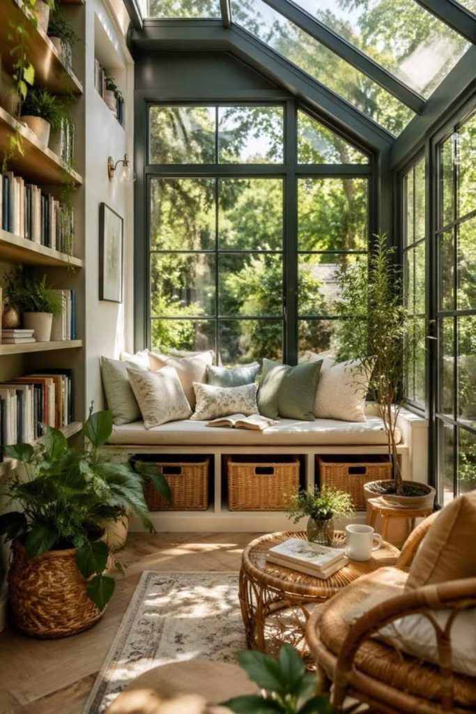 Botanical glass garden room interior.