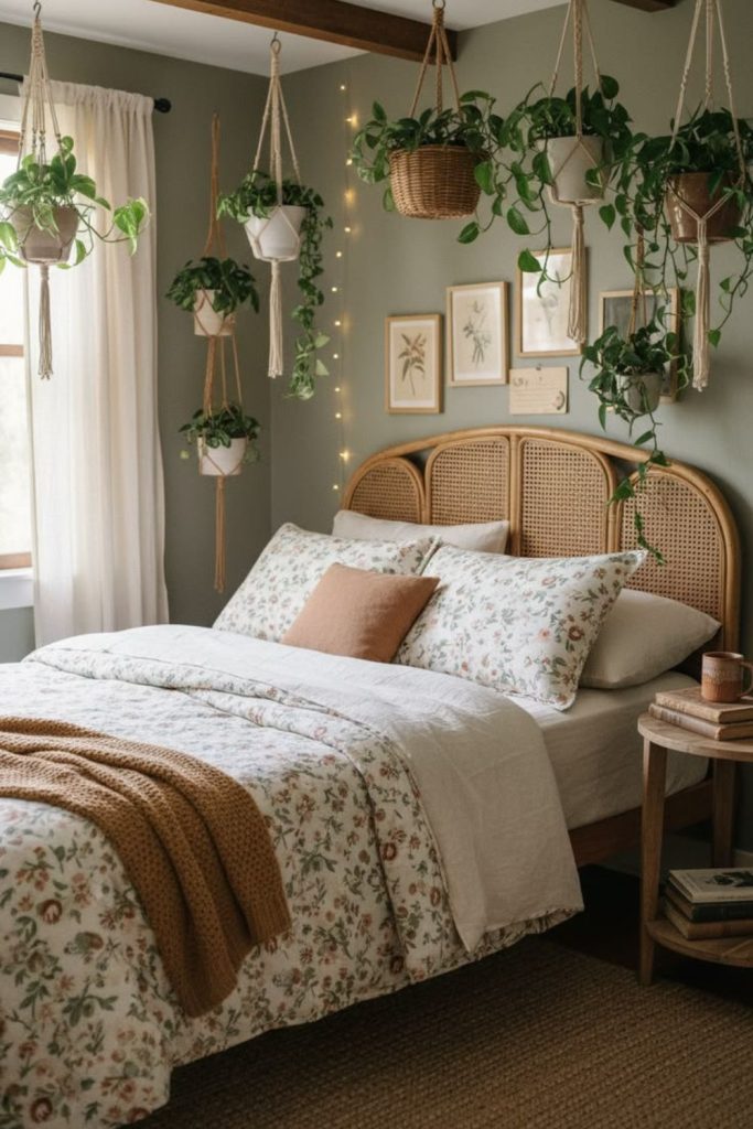 Botanical bedroom filled with lush greenery.