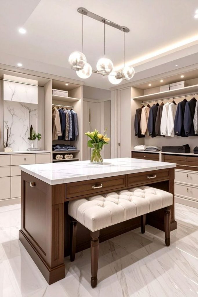 Luxury wardrobe with central storage island.