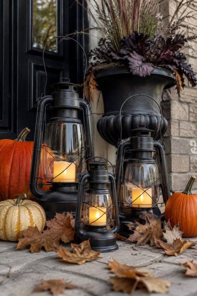 Brass lanterns surrounding rustic harvest pumpkins.