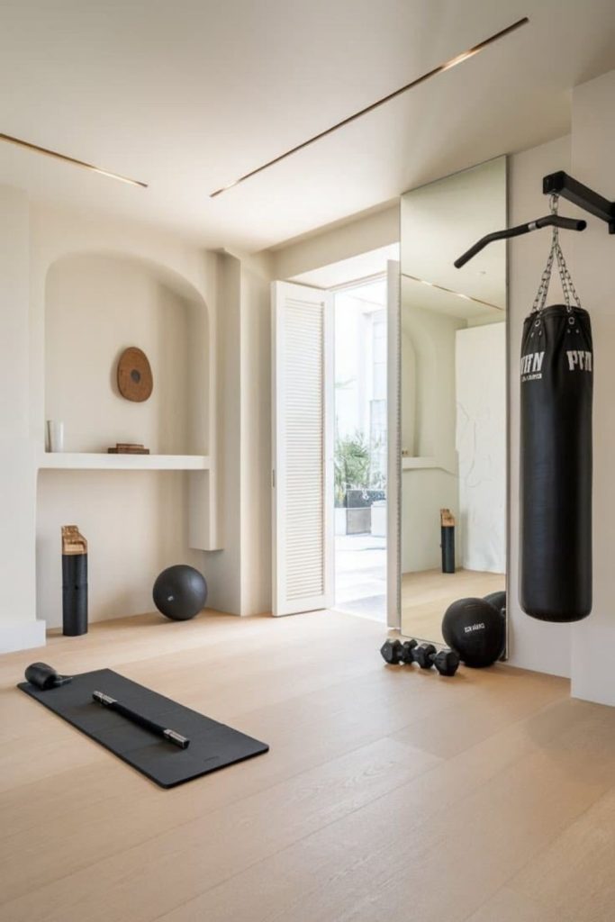 Bright white home training room.