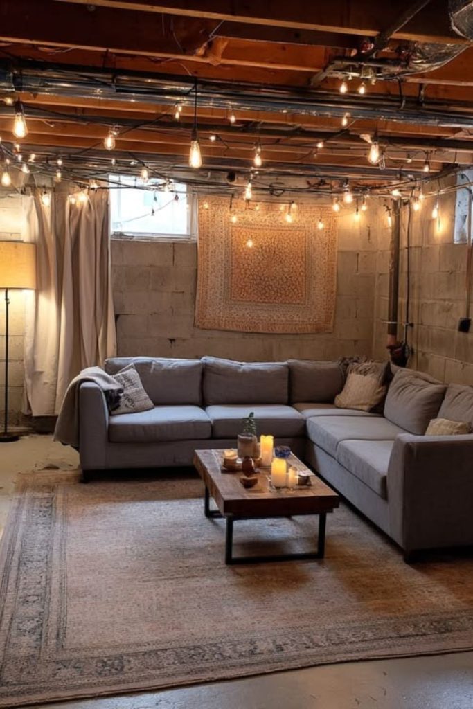 Budget-friendly unfinished basement concrete lounge