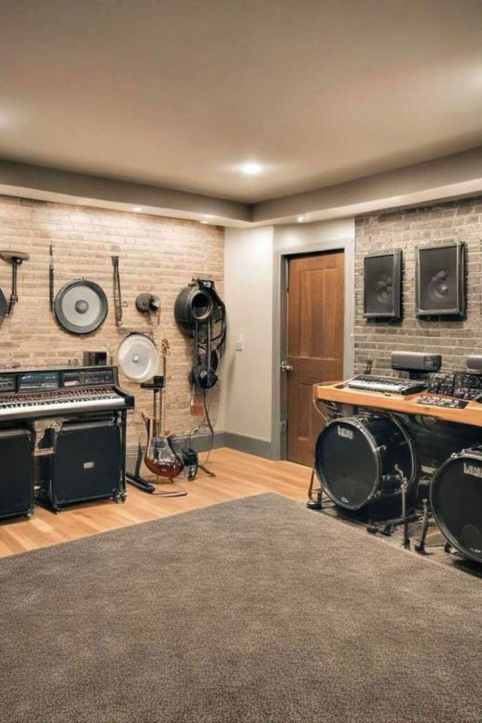 Budget-friendly unfinished basement music room