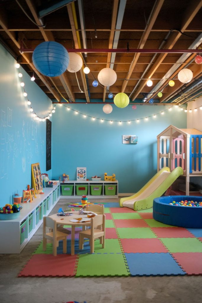 Budget-friendly unfinished basement kids playroom