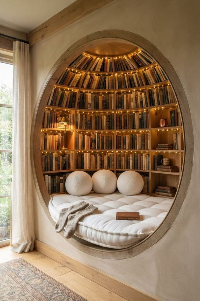 Built-in shelves cozy reading haven.