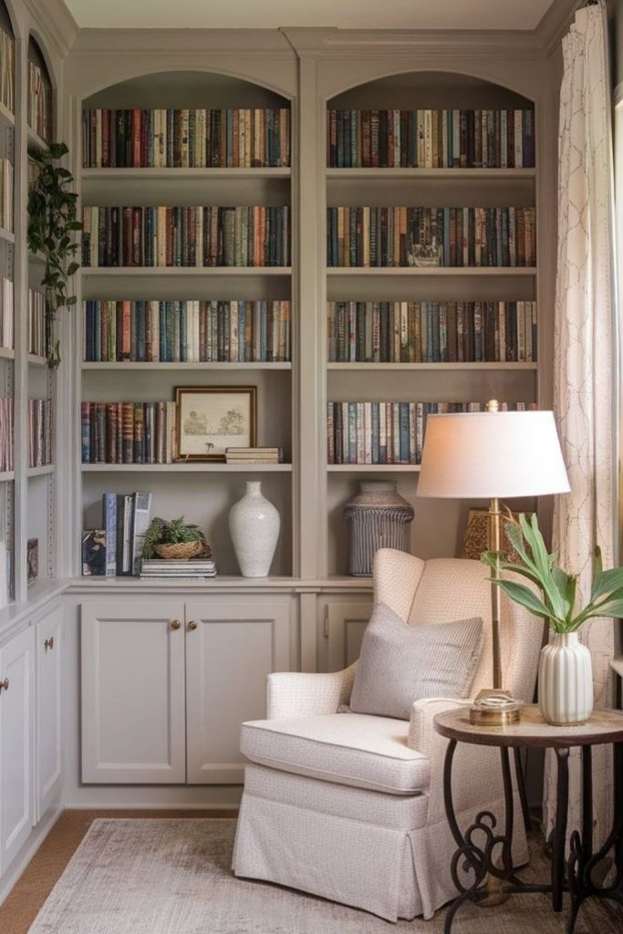 Built-in book wall with warm lighting.