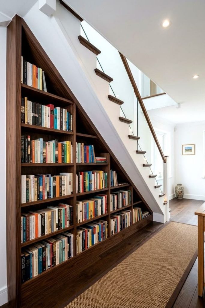 Custom understairs bookcase storage wall.