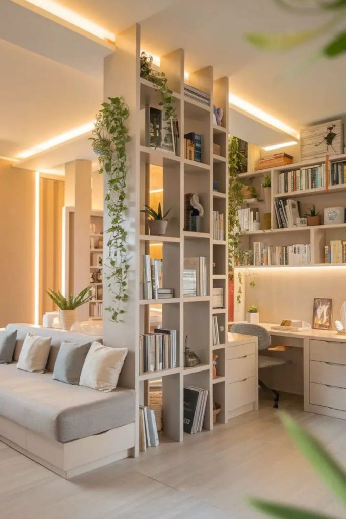 Built-in library broken plan living space.