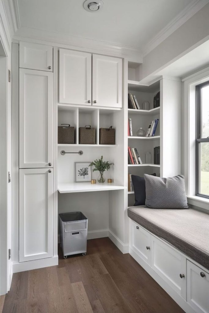 Built-in storage for compact box room.