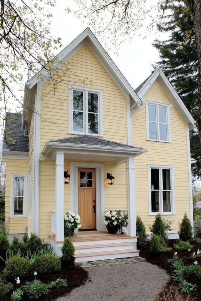 Buttercream yellow exterior with white trim.