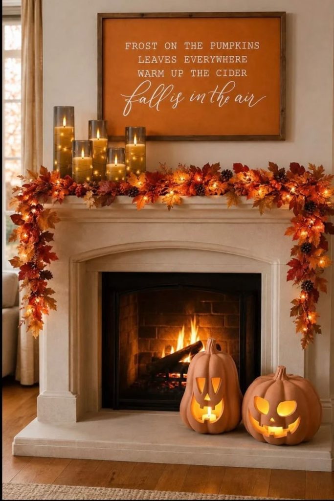 Candlelit autumn mantel with warm seasonal accents.