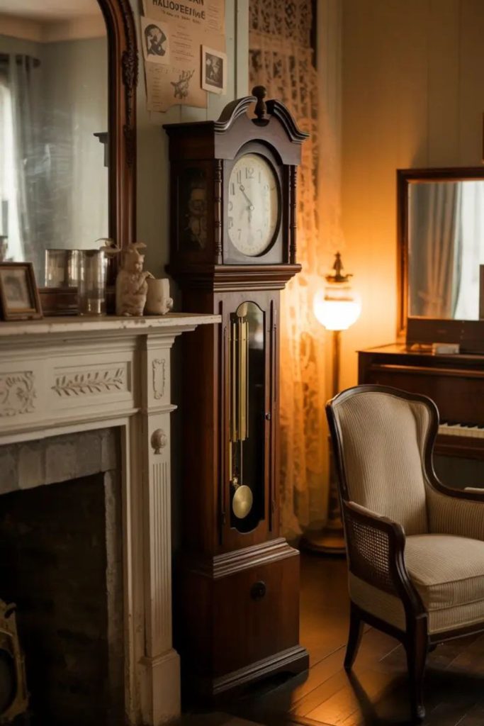 Grandfather clock beside glowing vintage candles.