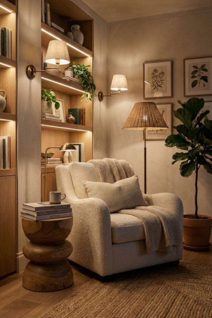 Candlelit reading corner with soft furnishings.