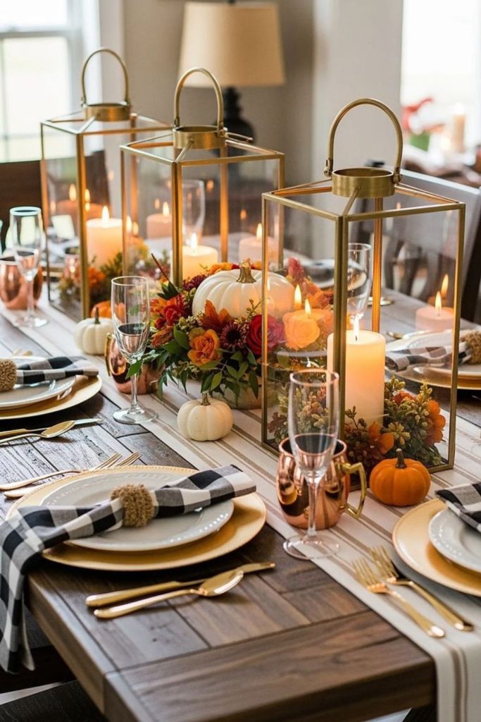 Candlelit Thanksgiving dinner table centerpiece