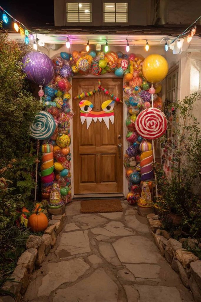 Colorful candy monster family Halloween porch.