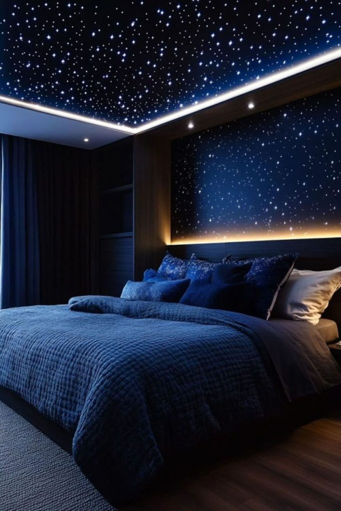 Celestial bedroom with starry ceiling lights.