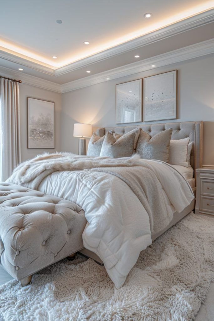 Pearl white luxurious contemporary bedroom suite.