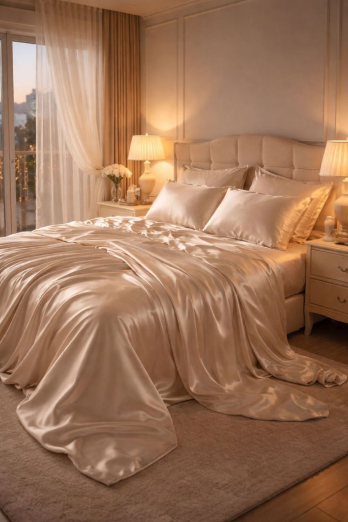 Champagne beige bedroom with tufted headboard.