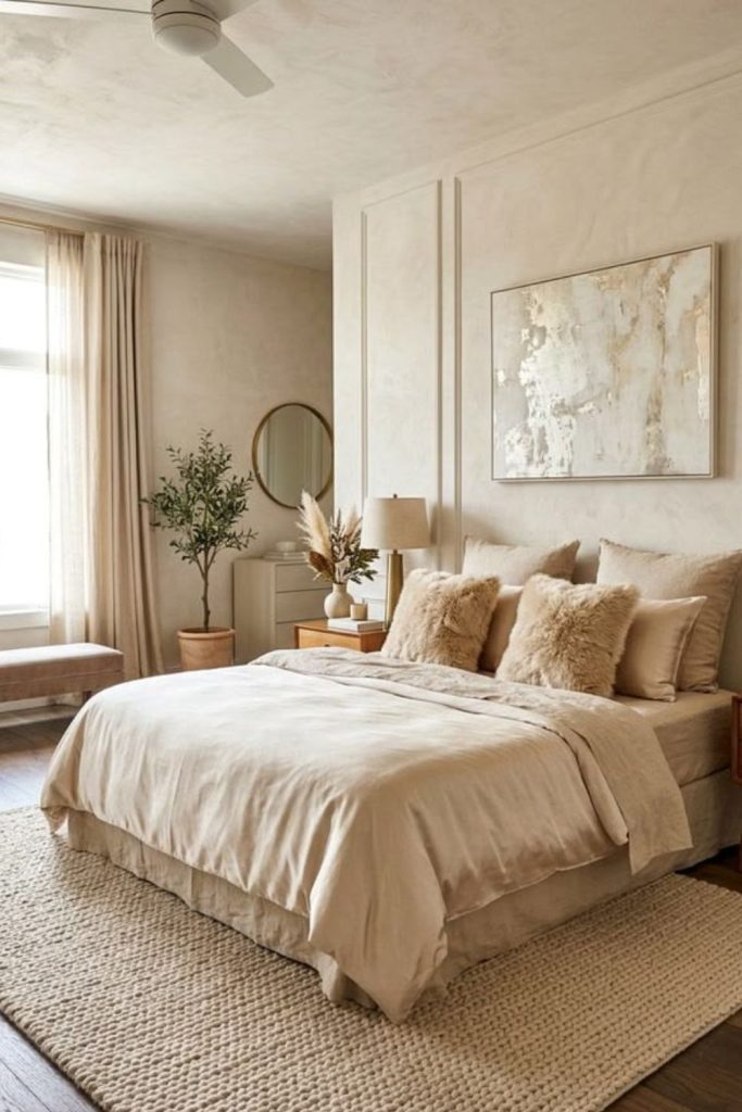 Champagne beige elegant luxury bedroom décor.