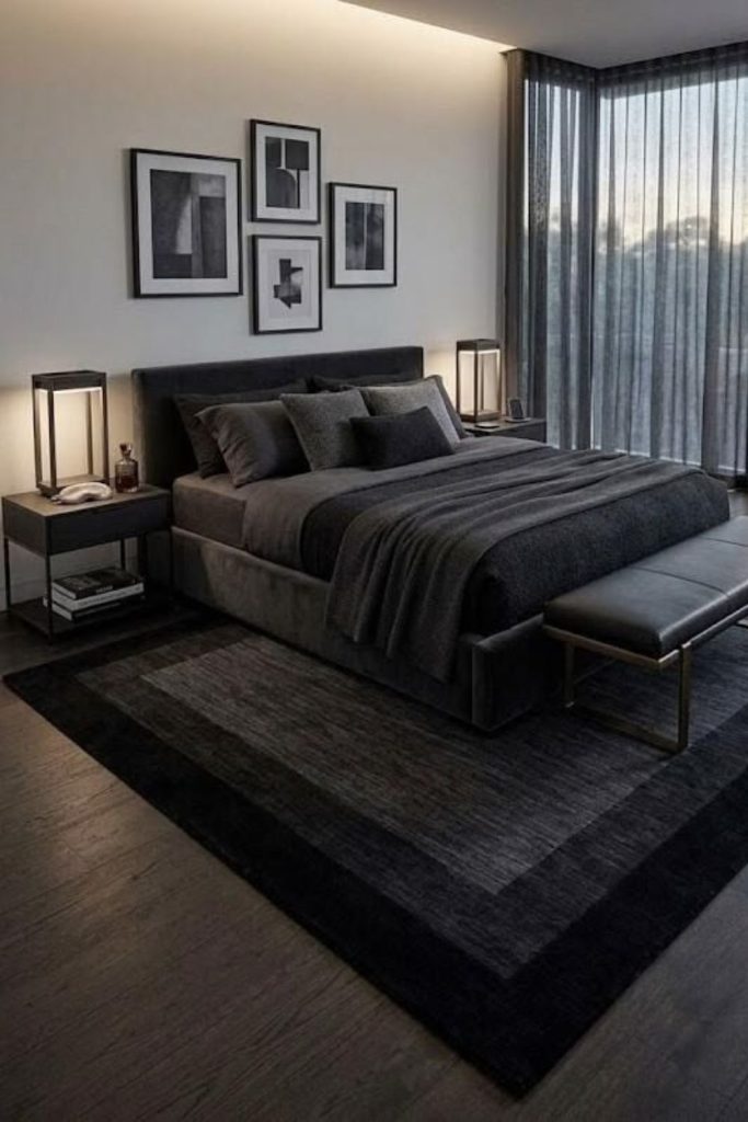 Charcoal modern bedroom with cream bedding.