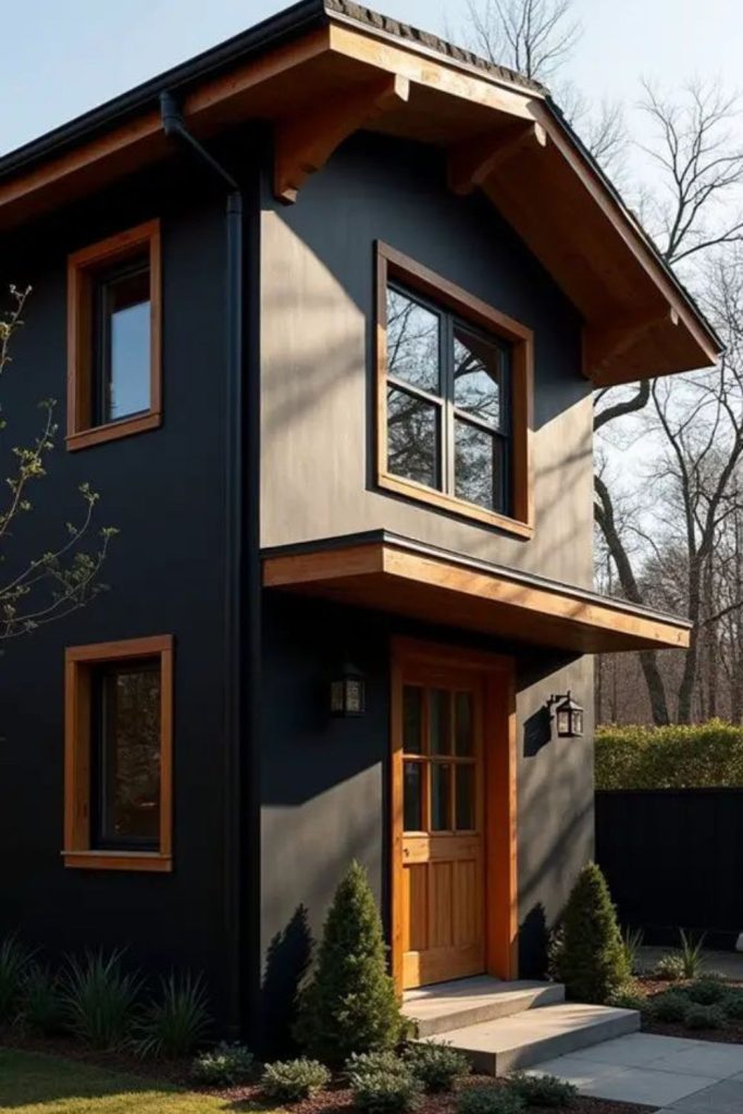 Charcoal gray house with natural cedar.