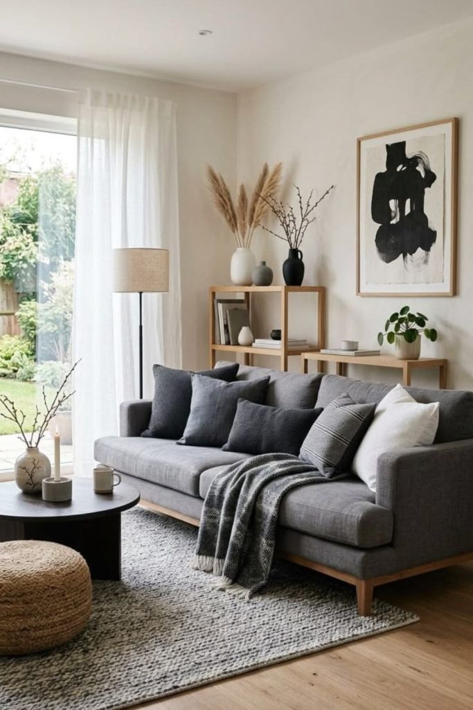 Charcoal accent Japandi living room.