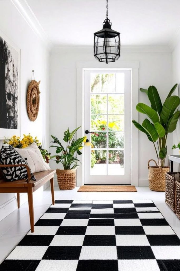 Checkerboard entryway with wooden console