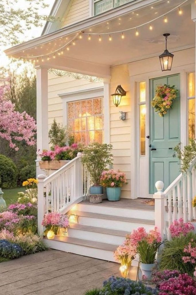 Cheerful pastel porch home facade.