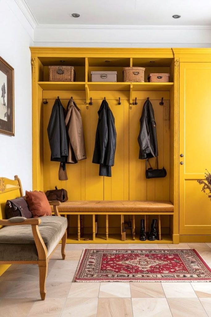 Cheerful yellow boot room storage area.