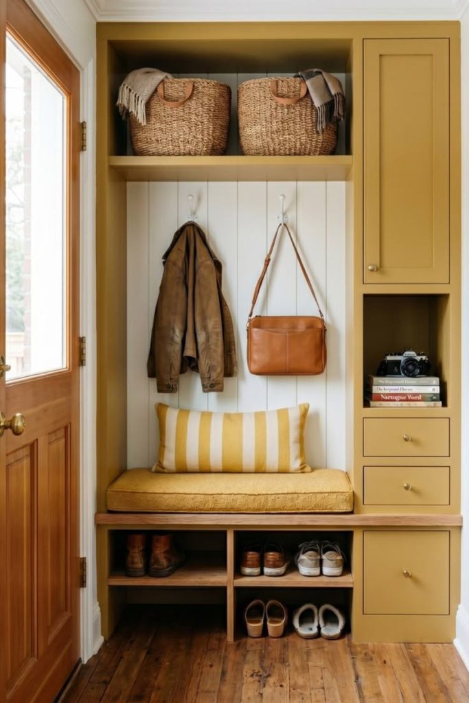 Cheerful yellow mudroom entryway design