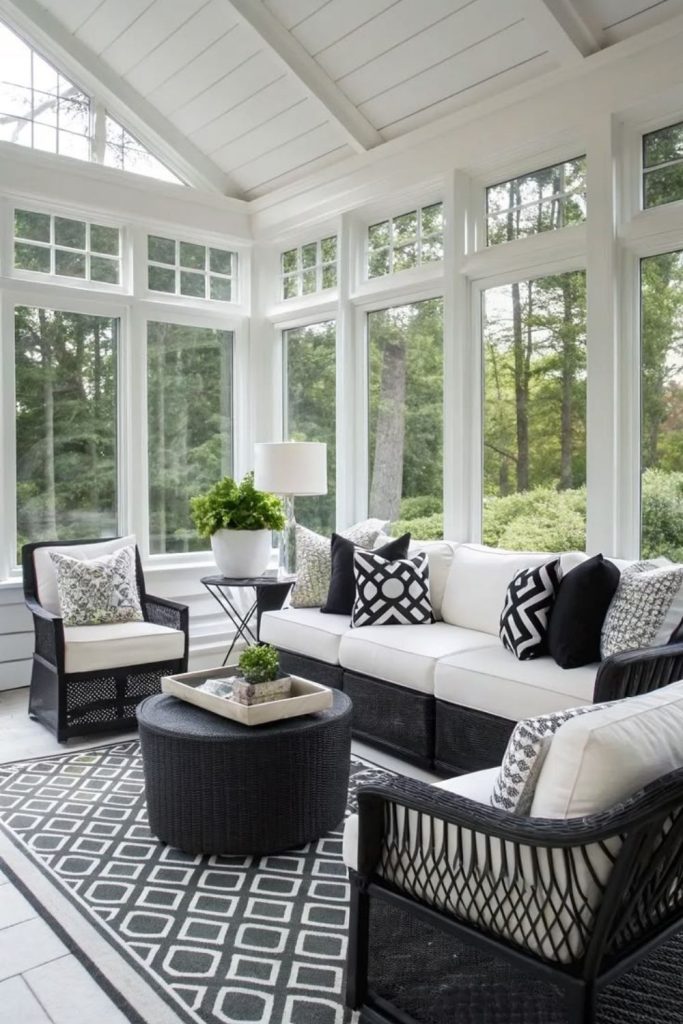 Classic black-white conservatory with greenery.