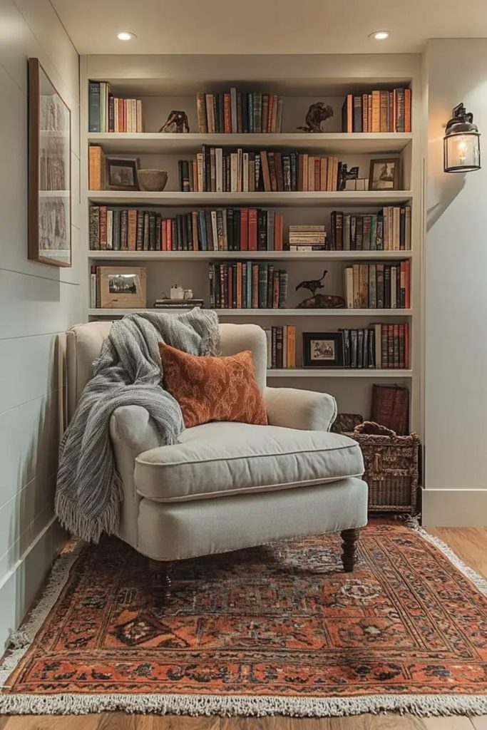 Classic English library reading nook.