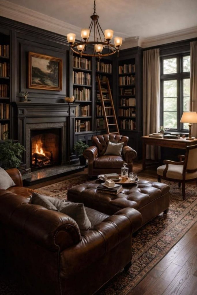 Classic English library with wooden paneling.