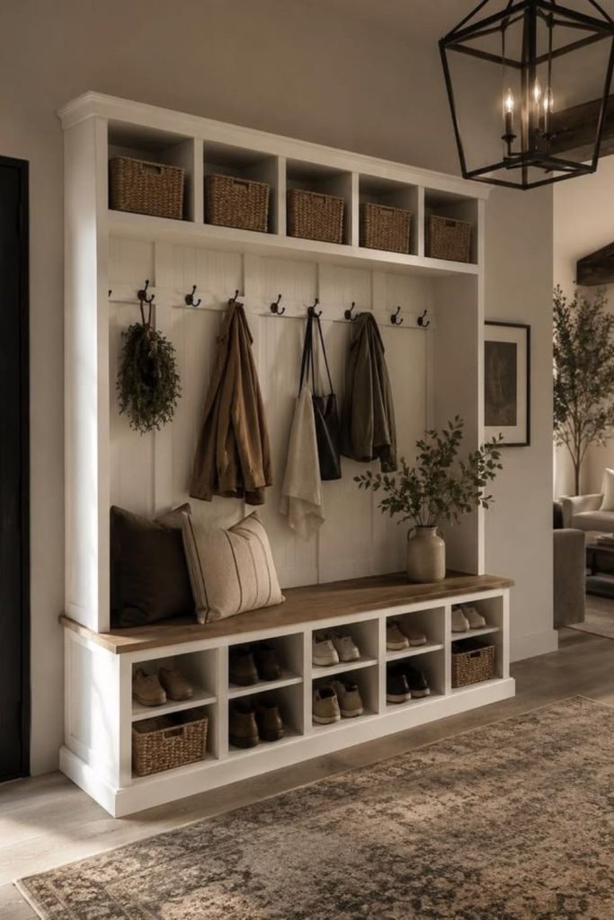 Classic farmhouse mudroom cubby organization