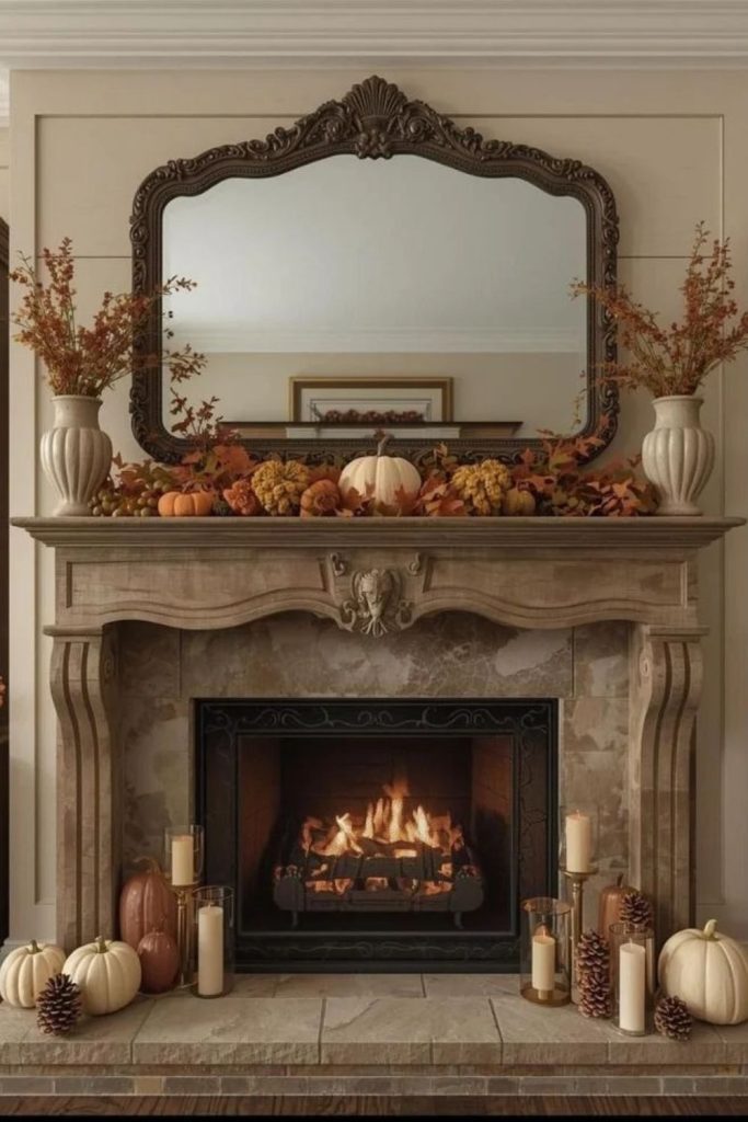 Classic layered mantel with cozy fall decor.