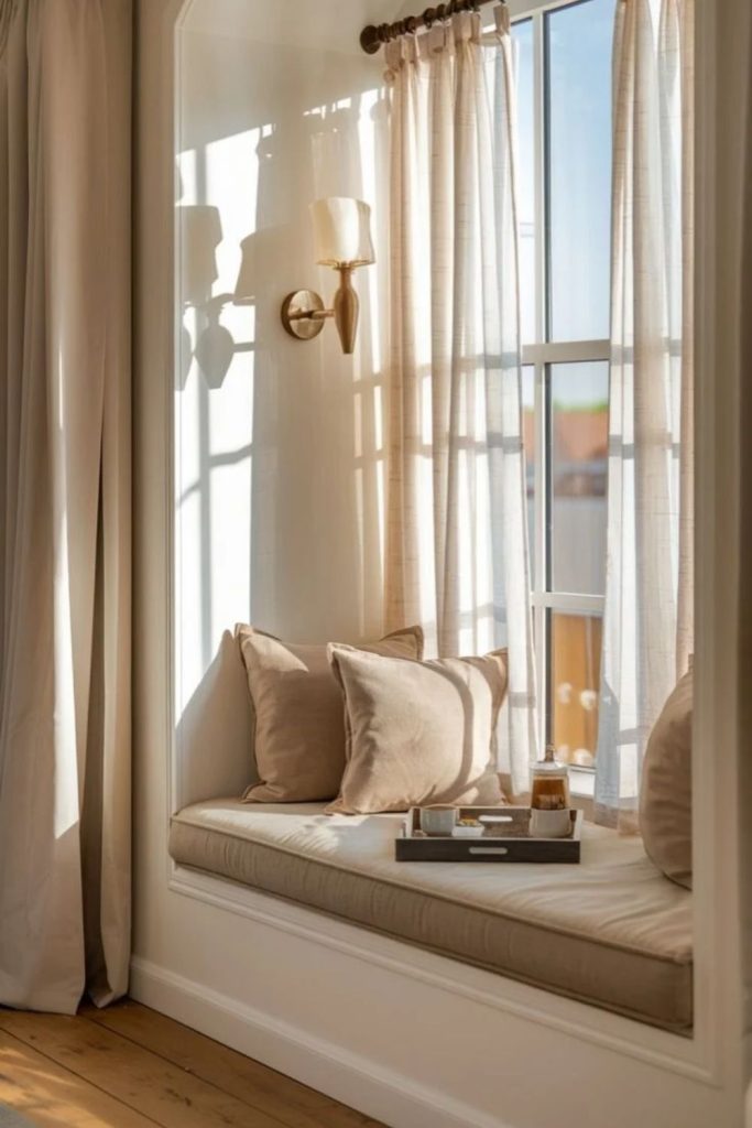 Cozy linen window seat reading nook.