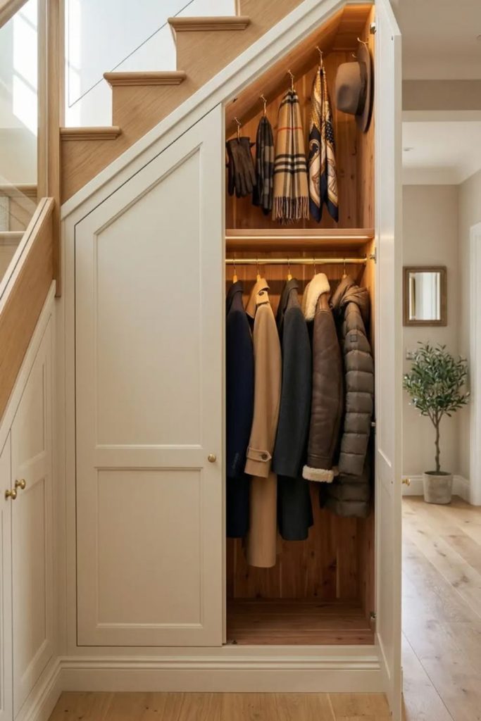 Built-in coat cupboard under stairs.