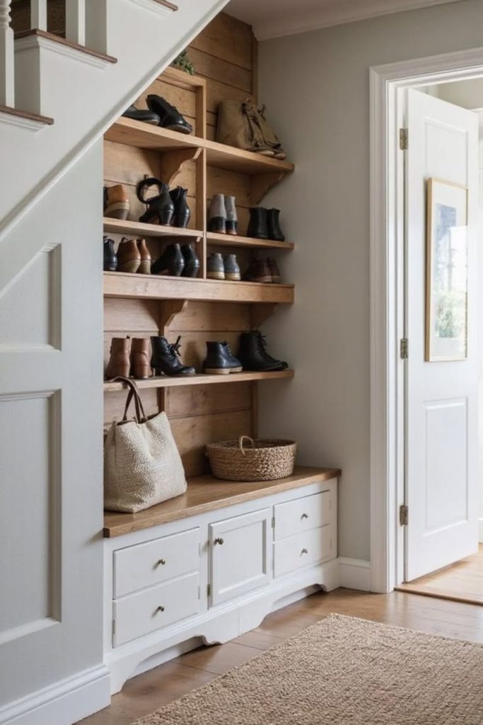 Clever under-stair boot room storage.