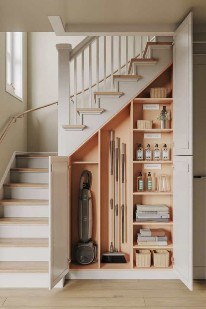 Clever utility cupboard beneath staircase.