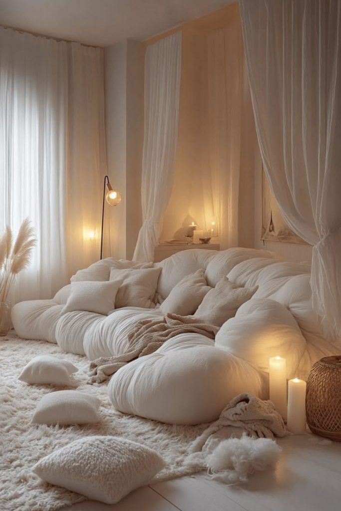 Cloud-like bedroom snug with fluffy bedding.