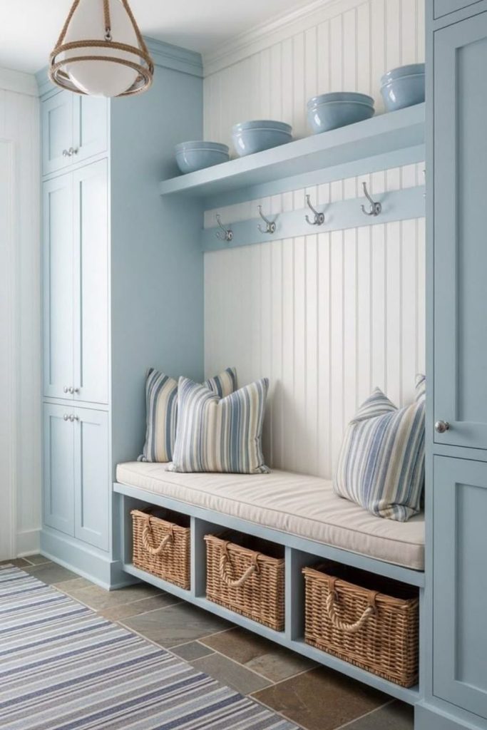 Coastal blue boot room with storage.