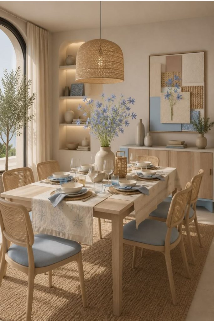 Coastal dining room with breezy decor.
