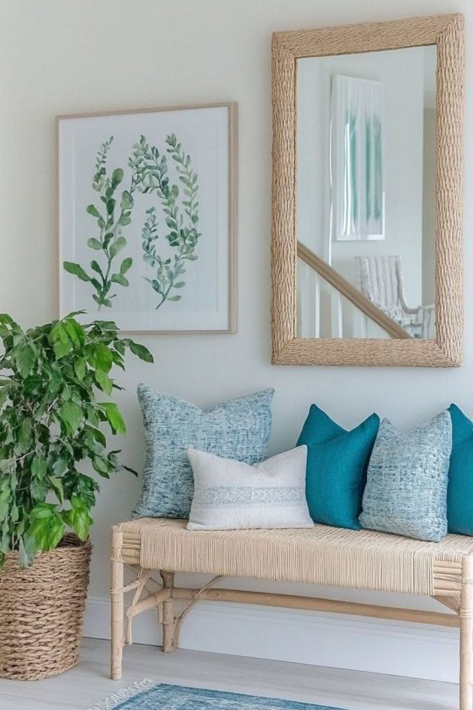 Coastal entryway with rattan furniture