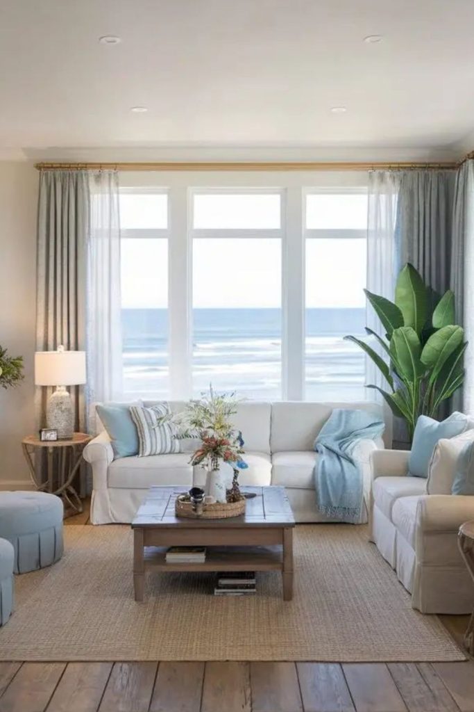 Coastal broken plan living room interior.