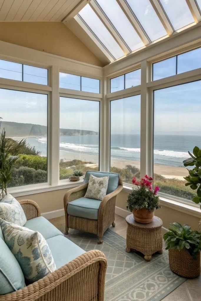 Coastal conservatory featuring breezy blue accents.